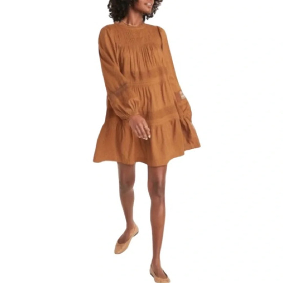 OLD NAVY Long Sleeve Pintucked ClipDot Mini Swing Dress Sisal Brown Lace Tier XS - Picture 1 of 12